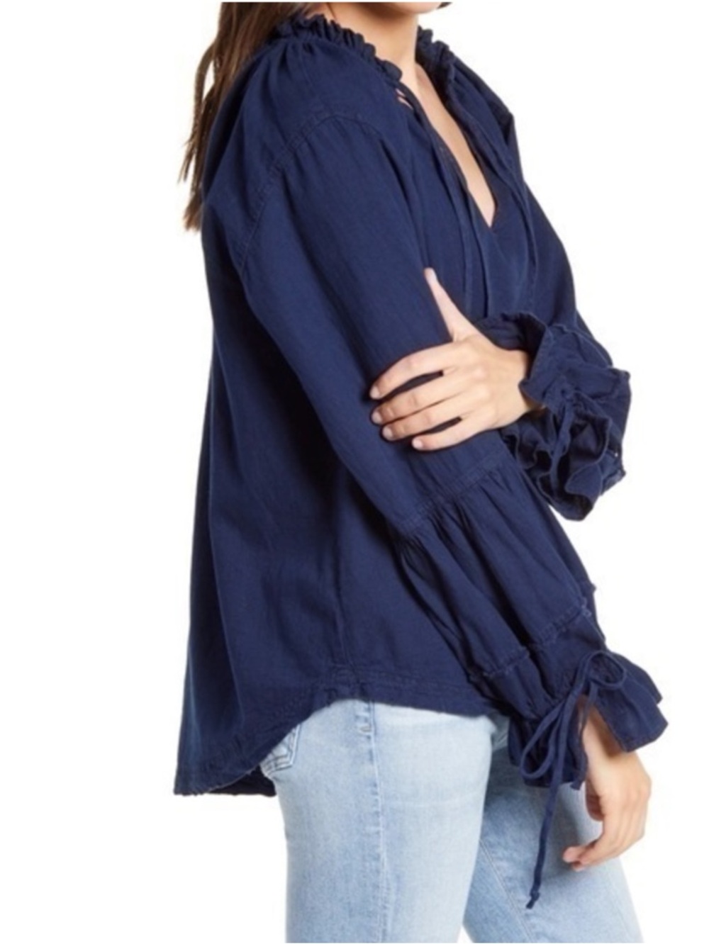 Free People Tie Neck Top Navy Long-Sleeve Ruffle Peasant Size Medium - Picture 7 of 7